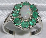Beautiful 14K White Gold Opal and Emerald Cluster Dress Ring