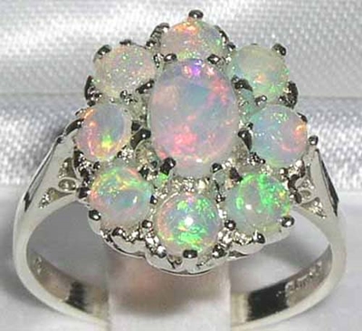 Stunning 9K White Gold Australian Opal Cluster Dress Ring