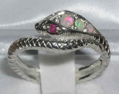 Stunning 9K White Gold Opal and Ruby Single Wrap Snake Ring