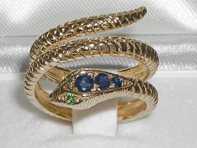 Vivacious 14K Yellow Gold Sapphire & Emerald Double Wrap Snake Ring