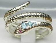 Stunning 9K White Gold Blue Topaz & Ruby Double Wrap Snake Ring