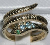 Exquisite 9K Yellow Gold Blue Topaz and Emerald Double Wrap Snake Ring