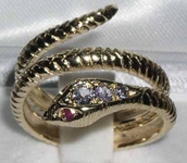 Gorgeous 9K Yellow Gold Tanzanite and Ruby Double Wrap Snake Ring