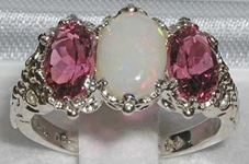 Ornate 14K White Gold Opal and Pink Tourmaline Trilogy Ring