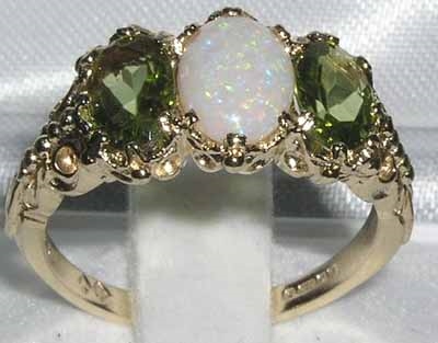 Stunning 9K Yellow Gold Oval Cut Opal and Peridot Trilogy Ring