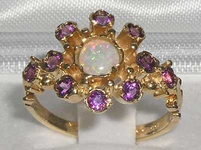 Pretty 9K Yellow Gold Opal and Amethyst Flower Cluster Ring