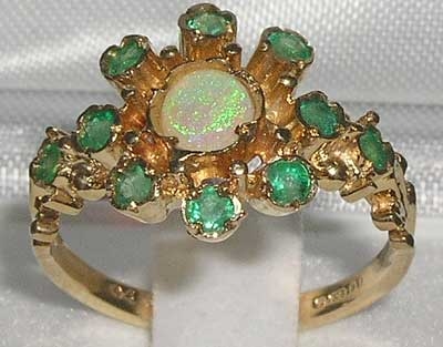Lovely 9K Yellow Gold Opal and Emerald Cluster Design Ring