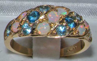 Lavish 9K Yellow Gold Australian Opal & Blue Topaz Band Ring