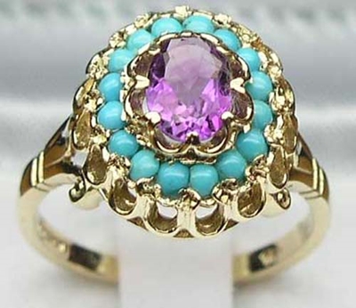 Exquisite 9K Yellow Gold Amethyst and Turquoise Flower Cluster Ring