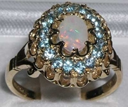 Exquisite 9K Yellow Gold Australian Opal and Blue Topaz Cluster Ring