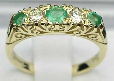 Ornate 9K Yellow Gold Emerald and Diamond Scroll Design Ring