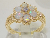 Stunning 14K Yellow Gold Diamond and Opal Flower Cluster Ring