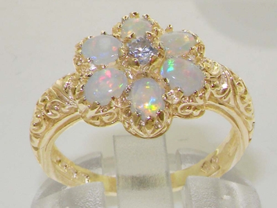 Stunning 14K Yellow Gold Diamond and Opal Flower Cluster Ring