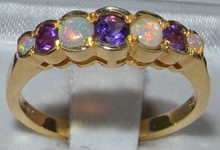 Colourful 9K Yellow Gold Amethyst and Opal Seven Stone Ring