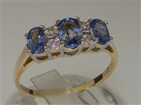 Stunning 9K Yellow Gold Ceylon Sapphire and Diamond Trilogy Design Ring