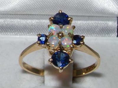 Dainty 9K Yellow Gold Opal and Sapphire Ring