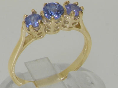9K Yellow Gold Vibrant Marine Blue Sapphire Trilogy Ring