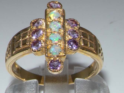 Stunning 9K Yellow Gold Opal and Amethyst Art Deco Inspired Ring