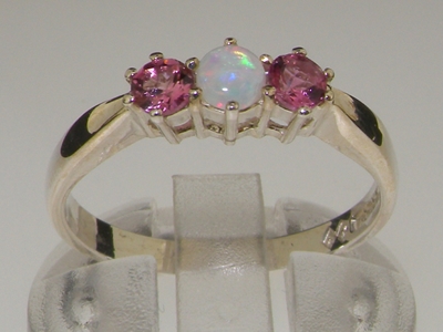 Stunning Sterling Silver Opal and Pink Tourmaline Trilogy Ring