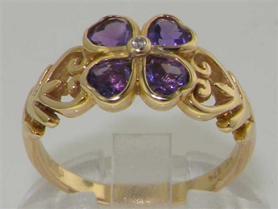 Beautiful 9K Yellow Gold Four Leaf Clover Diamond and Amethyst Ring