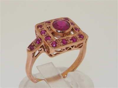 Stunning Square Art Deco Design 9K Rose Ruby Gold Ring