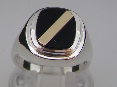 Classic Mens Sterling Silver Signet Ring Set with Black Onyx and Yellow Gold Stripe