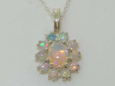 Beautiful 9K White Gold Natural Opal Cluster Pendant & Necklace