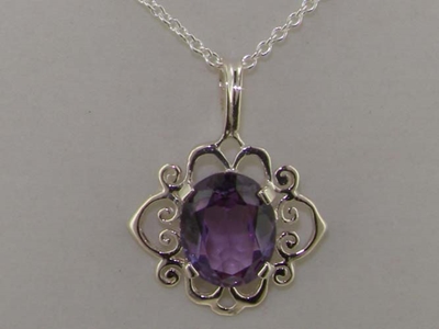 Ornate 9K White Gold Scroll Design Amethyst Solitaire Pendant & Necklace