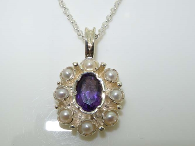 Dainty Sterling Silver Amethyst and Pearl Pendant Necklace