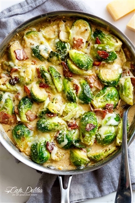 Creamy  Fontina Roasted Brussel sprouts with Bacon