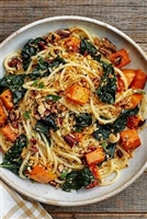 HOLIDAY FAMILY MEALS/Sausage, winter squash, and Kale Pasta Bake