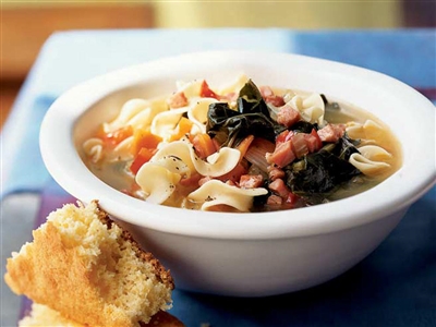 Bacon, Collard greens, Black eyed Pea and Noodle Soup