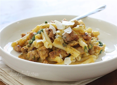 Penne with Butternut Squash, spinach, and Sweet Italian Sausage