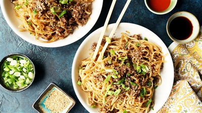 Szechuan Ground Beef and Onions with Noodles