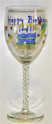 Blue Happy Birthday White Wine Glass