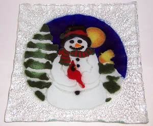 Snowman with Cardinal Small Square Plate