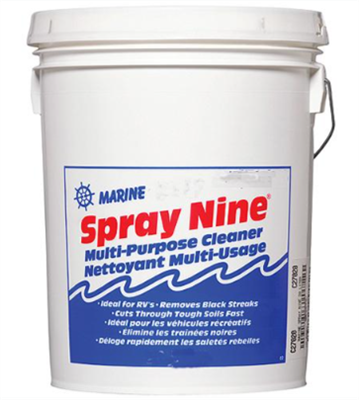 Spray Nine 9 All Purpose Cleaner. Kills germs and helps prevent mold & mildew. Removes fish & bait soils, grease, gas and oil, food and drink stains, black streak and rust from fiberglass, vinyl, rubber, plastic-almost any hard surface above and below dec