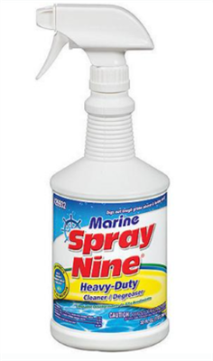 Spray Nine 9 All Purpose Cleaner. Kills germs and helps prevent mold & mildew. Removes fish & bait soils, grease, gas and oil, food and drink stains, black streak and rust from fiberglass, vinyl, rubber, plastic-almost any hard surface above and below dec