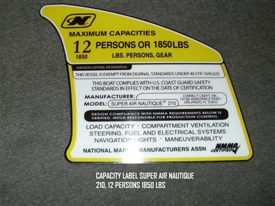 CAPACITY LABEL SUPER AIR NAUTIQUE 210 12 PERSONS 1850 LBS