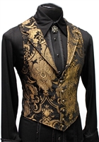 A Victorian gentlemanâ€™s vest with class. Great for formal occasions, can be worn under a suit jacket or by itself. Made in rich gold on black tapestry fabric with black satin lining and back.