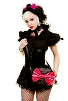 This beautiful black vegan leather purse features a big black PVC bow.It also has a long removable strap. This purse will complement any Costume or outfit. Gothic inspired.