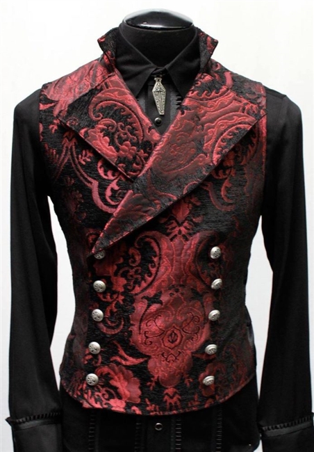 CAVALIER VEST RED AND BLACK TAPESTRY GOTHIC PIRATE STEAMPUNK