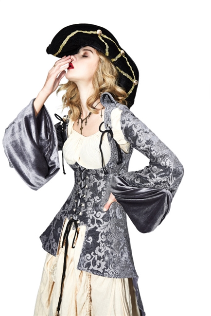 CORSET WITH REMOVABLE SLEEVES SILVER BROCADE  GOTHIC PIRATE STEAMPUNK