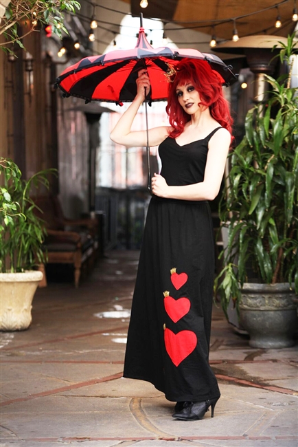 Card Queen Dress -Off with her head! Heads will be rolling, if you donâ€™t get this dress now! This super soft black cotton dress has sewn on crowned hearts appliques.