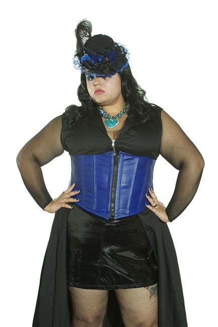 Dawn Blue Leather- This Waist Cincher has Steel Boning, heavy zipper plus a Privacy Panel 100% Leather and is Lined.