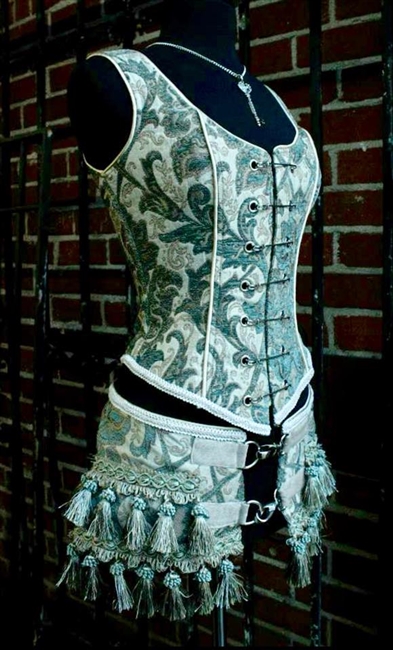 HARDWARE Gothic Steampunk Pirate  BELT GREEN AND IVORY TAPESTRY
