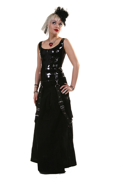 Gothic and Steampunk Velveteen Floor Length Bell Skirt features Front Bondage Straps, a
Zipper and Button Closure.