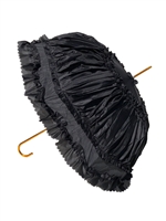 Hilary's Vanity Ruffle Umbrella has lace inside and a automatic handle as well as its luxurious Ruffles! And features a copper hook-style handle.