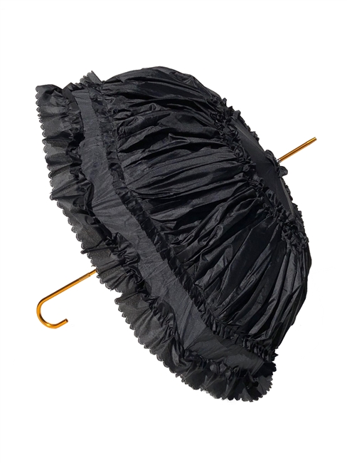 Hilary's Vanity Ruffle Umbrella has lace inside and a automatic handle as well as its luxurious Ruffles! And features a copper hook-style handle.