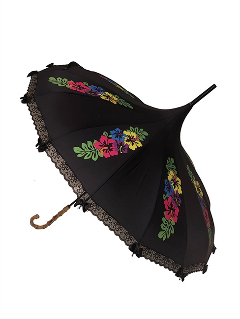 This beautiful Hilary's Vanity umbrella has a colorful flower pattern. It features lace and bow details with a real Bamboo hook style handle.
